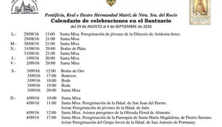 Calendario de Celebraciones en el Santuario del Rocío del 29 de agosto al 4 de septiembre