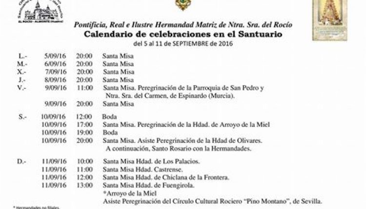 Calendario de Celebraciones en el Santuario del Rocío del 5 al 11 de septiembre de 2016