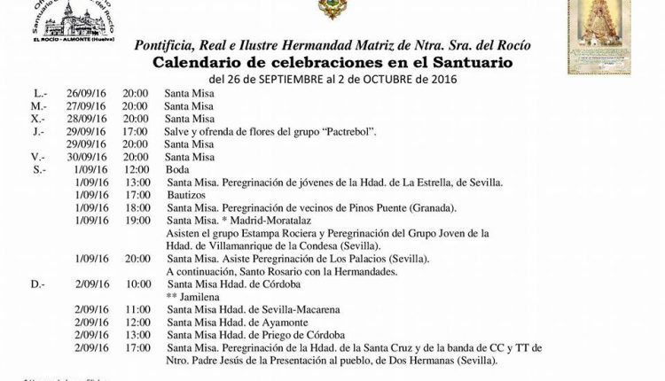 Calendario de Celebraciones en el Santuario del Rocío del 26 de septiembre al 2 de octubre de 2016
