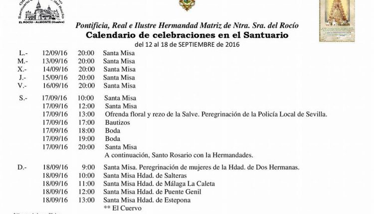 Calendario de Celebraciones en el Santuario del Rocío del 12 al 18 de septiembre de 2016
