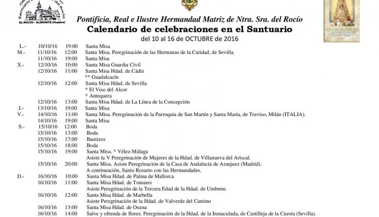 Calendario de Celebraciones en el Santuario del Rocío del 10 al 16 de octubre de 2016