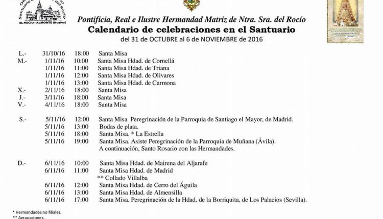 Calendario de Celebraciones en el Santuario del Rocío del 31 de octubre al 6 de noviembre