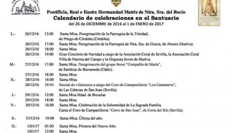 Calendario de Celebraciones en el Santuario del Rocío del 26 de diciembre al 1 de enero de 2017
