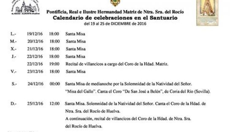 Calendario de Celebraciones en el Santuario del Rocio del 19 al 25 de diciembre 2016