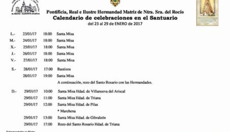 Calendario de Celebraciones en el Santuario del Rocío del 23 al 29 de enero de 2017