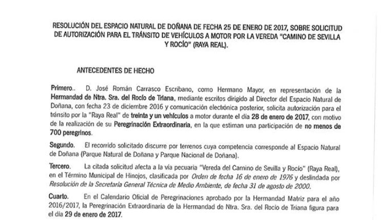 Hermandad de Triana – Resolución del espacio Natural de Doñana referente a la Peregrinación del próximo sábado 28 de enero de 2017