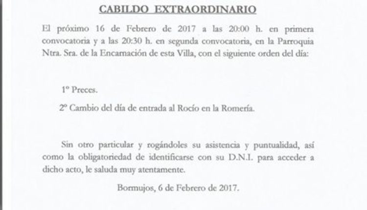 Hermandad de Bormujos – Cabildo Extraordinario, Cambio de Día de Entrada en el Rocío