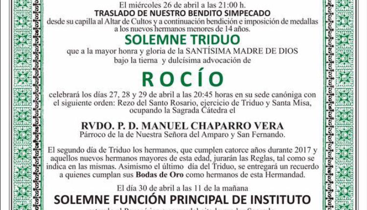 Hermandad de Dos Hermanas – Solemne Triduo y Pregón  a cargo de D. Manuel García Monje