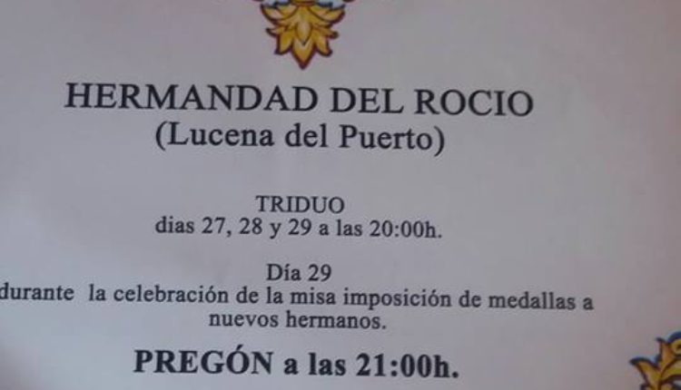 Hermandad de Lucena del Puerto – Solemne Triduo y Pregón Rociero a cargo de Doña Lali Moro Regidor