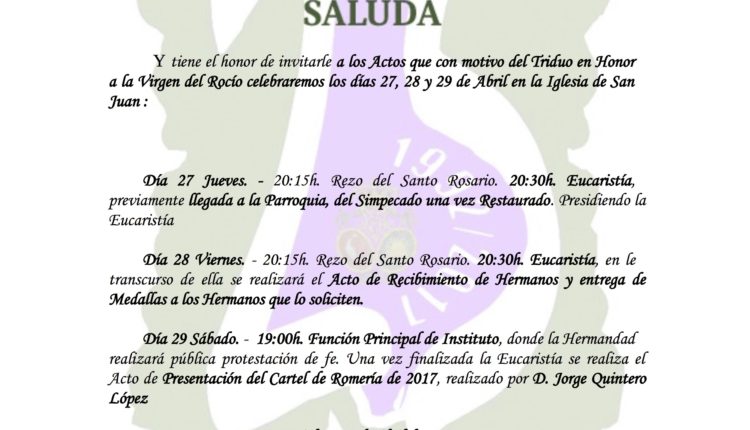 Hermandad de Málaga.La Caleta – Solemne Triduo y Presentación del Cartel Romería 2017