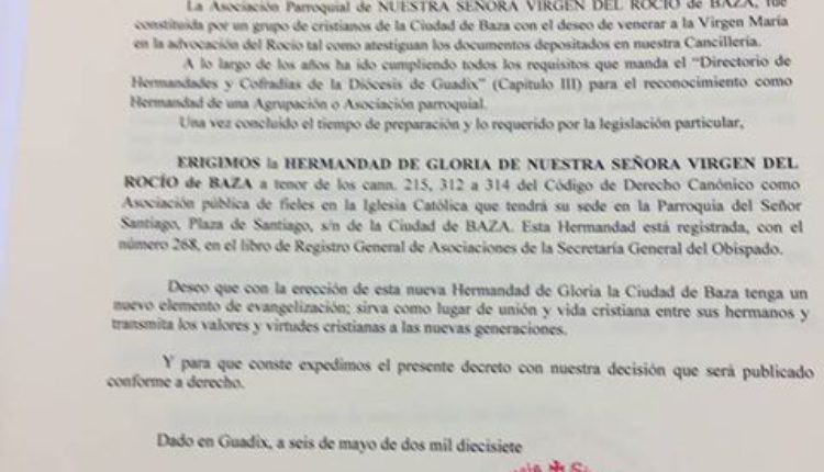 La Asociación Virgen del Rocío de Baza ya es HERMANDAD
