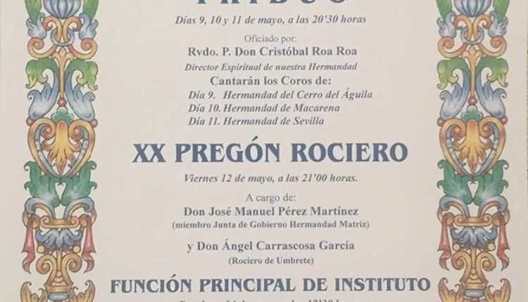 Hermandad Castrense – Solemne Triduo y XX Pregón Rociero a cargo de D. José Manuel Pérez Martínez