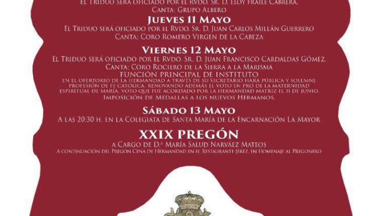 Hermandad de Ronda – Solemne Triduo y XXIX Pregón Rociero a cargo de Doña Mª Salud Narváez