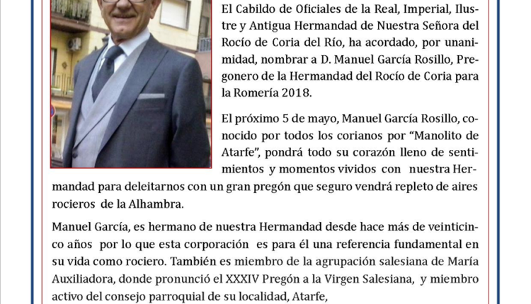 Hermandad de Coria – D. Manuel García Rosillo, Pregonero del Rocío 2018