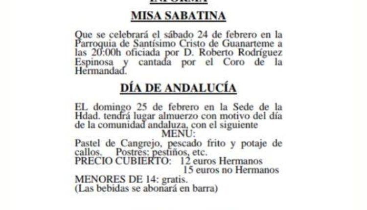 Hermandad de Las Palmas – Misa Sabatina y Día de Andalucía