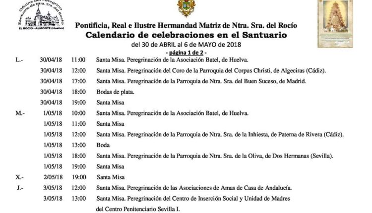 Calendario de Celebraciones en el Santuario del Rocío del 30 de abril al 6 de mayo de 2018
