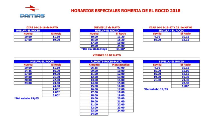 HORARIOS ESPECIALES ROMERIA DE EL ROCIO 2018 Empresa DAMAS