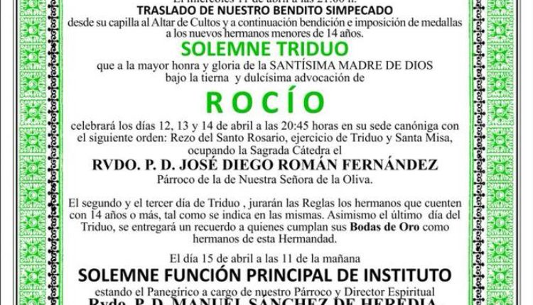 Hermandad de Dos Hermanas – Solemne Triduo y Pregón a cargo de d: Juan Miguel Martín Mena