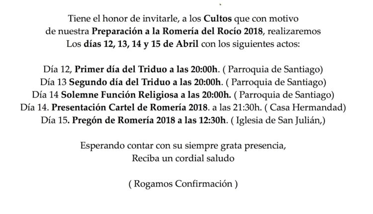 Hermandad de Málaga la Caleta – Actos y Cultos Preparatorios de la Romería 2018