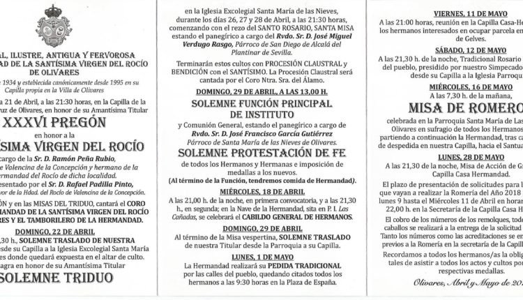 Hermandad de Olivares – Actos y Cultos Rocío 2018