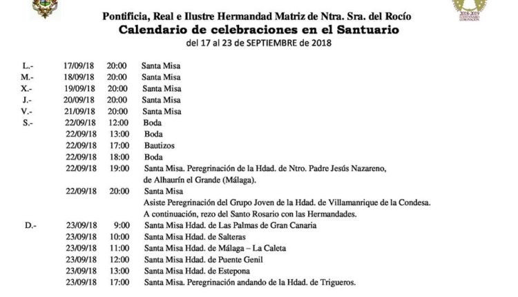 Calendario de Celebraciones en el Santuario del Rocío del 17 al 23 de septiembre de 2018