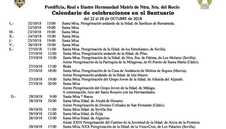 Calendario de Celebraciones en el Santuario del Rocio del 22 al 28 de octubre de 2018