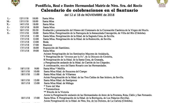 Calendario de Celebraciones en el Santuario del Rocio del 12 al 18 de noviembre de 2018
