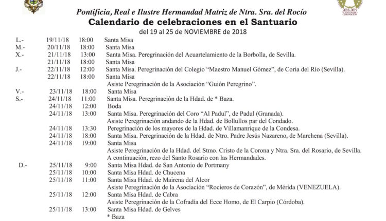 Calendario de Celebraciones en el Santuario del Rocio del 19 al 25 de noviembre de 2018
