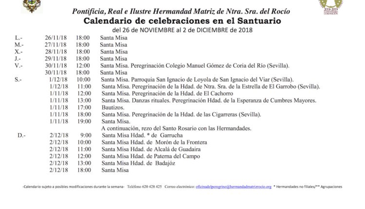 Calendario de Celebraciones en el Santuario del Rocío del 26 de noviembre al 2 de diciembre de 2018