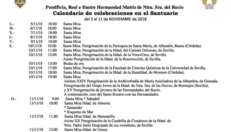 Calendario de Celebraciones en el Santuario del Rocío del 5 al 11 de noviembre de 2018