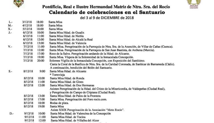 Calendario de Celebraciones en el Santuario de El Rocío del 3 al 9 de diciembre de 2018