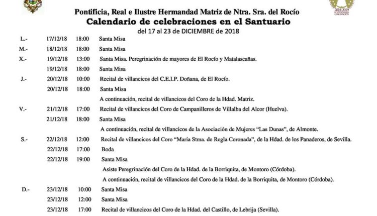 Calendario de Celebraciones en el Santuario del Rocío del 17 al 23 de diciembre de 2018