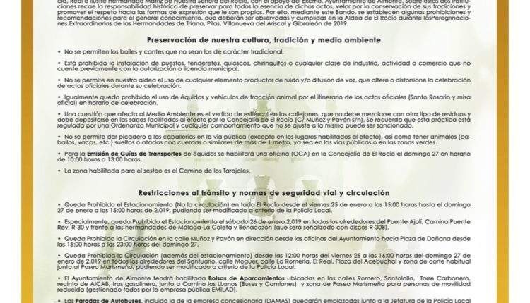 Bando Municipal sobre la Peregrinación Extraordinaria de Triana, Pilas, Villanueva del Ariscal y Gibraleón en enero de 2019
