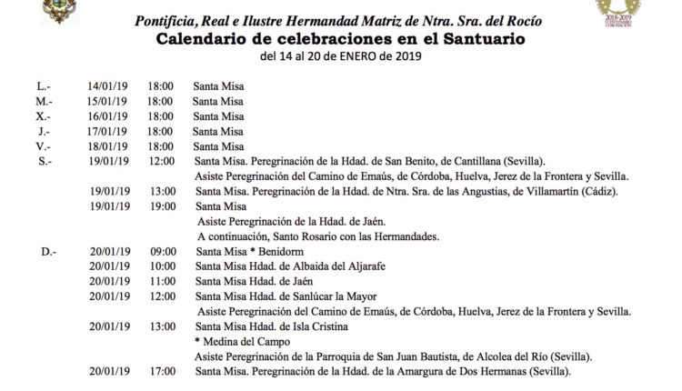 Calendario de Celebraciones en el Santuario del Rocío del 14 al 20 de enero de 2018