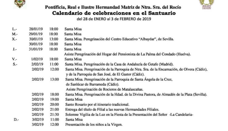 Calendario de Celebraciones en el santuario del Rocío del 28 de enero al 3 de febrero de 2019