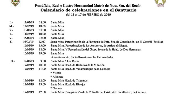 Calendario de Celebraciones en el Santuario del Rocío del 11 al 17 de febrero de 2019