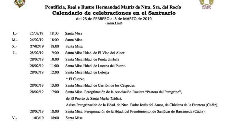 Calendario de Celebraciones en el Santuario del Rocío del 25 de febrero al 3 de marzo de 2019