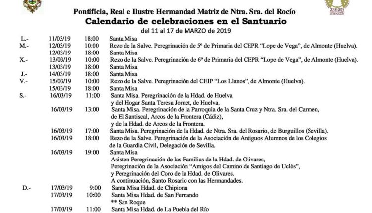 Calendario de Celebraciones en el Santuario del Rocío del 11 al 17 de marzo de 2019