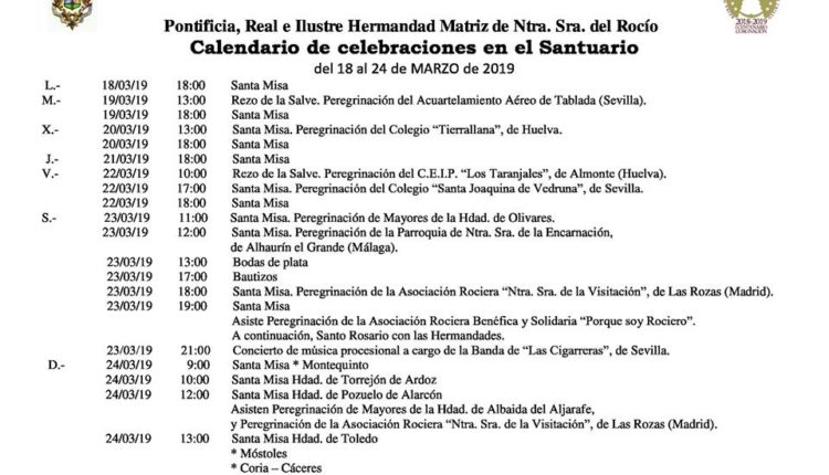 Calendario de Celebraciones en el Santuario del Rocío del 18 al 24 de marzo de 2019