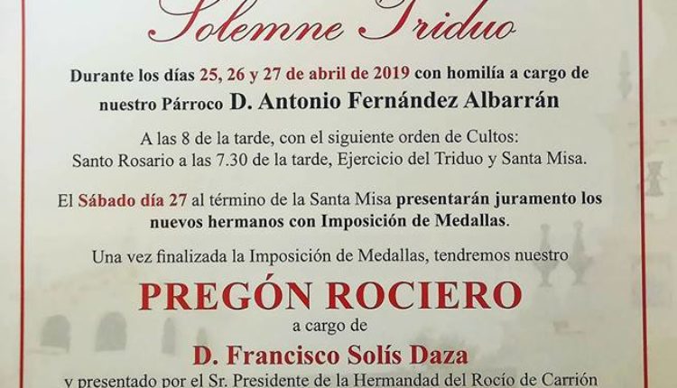 Hermandad de Villalba del Alcor – Solemne Triduo y Pregón a cargo de D. Francisco Solis Daza
