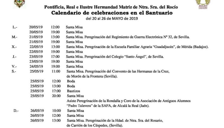 Calendario de Celebraciones en el Santuario del Rocío del 20 al 26 de mayo de 2019
