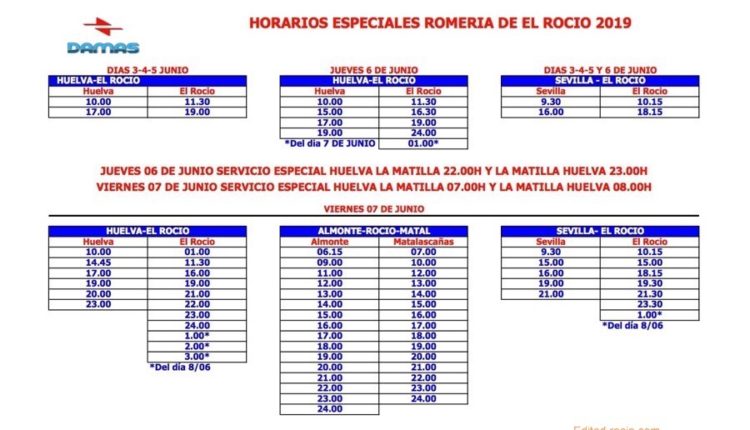 Horarios Especiales Empresa Damas para la Romería del Rocío 2019