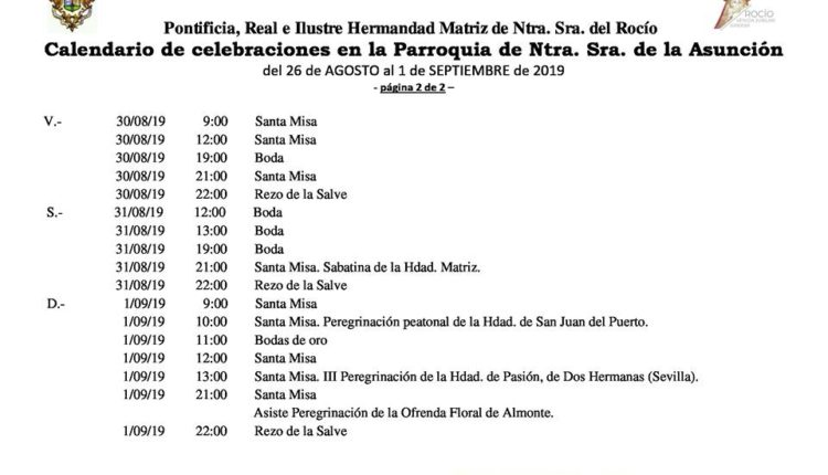 Calendario de Celebraciones en la Parroquia de la Asunción de Almonte del 26 de agosto al 1 de septiembre de 2019