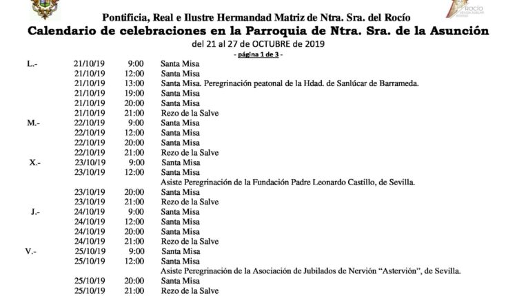 Calendario de Celebraciones en la Parroquia de la Asunción del 21 al 27 de octubre 2019