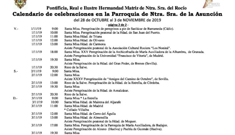 Calendario de Celebraciones en la parroquia de la Asunción del 28 de octubre al 3 de noviembre de 2019