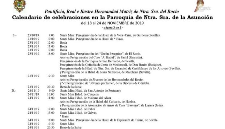 Calendario de Celebraciones en la Parroquia de Almonte del 18 al 24 de noviembre de 2019