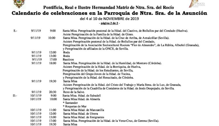 Calendario de Celebraciones en la parroquia de la Asunción del 4 al 10 de noviembre de 2019
