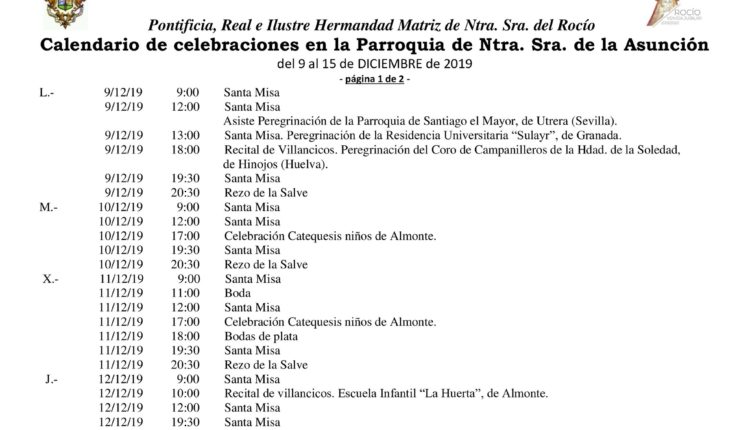 Calendario de Celebraciones en la Parroquia de La Asunción del 9 al 15 de diciembre de 2019