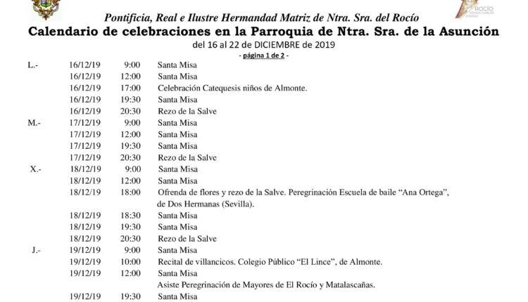 Calendario de Celebraciones en la Parroquia de la Asunción del 16 al 22 de diciembre de 2019