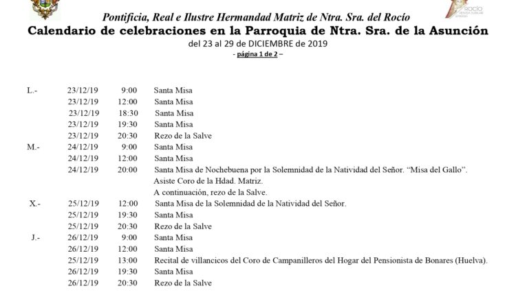 Calendario de Celebraciones en la Parroquia de la Asunción del 23 al 29 de diciembre de 2019